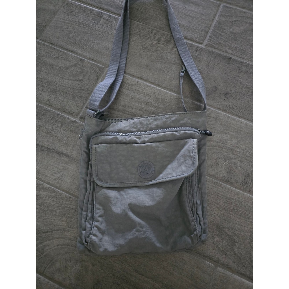Kipling Machida Grey Crinkle Nylon Crossbody Bag Multi Pocket Messenger Bag